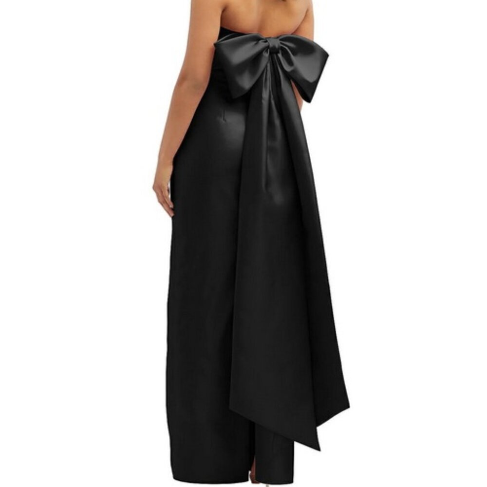Alfred Sung Black Strapless Bow Back Satin Column Gown D856